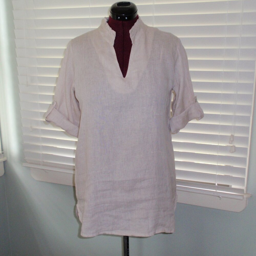 Rosemarine Tan Linen Roll Tab Sleeves Tunic Shirt Sz S Made in Italy
